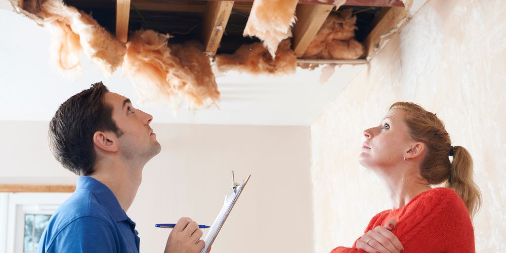 A man and woman examine a damaged ceiling, indicating possible structural problems that require attention